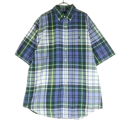 RALPH LAUREN ラルフローレン 90s オールド チェック柄 半袖 ボタンダウンシャツ LL ブルー系