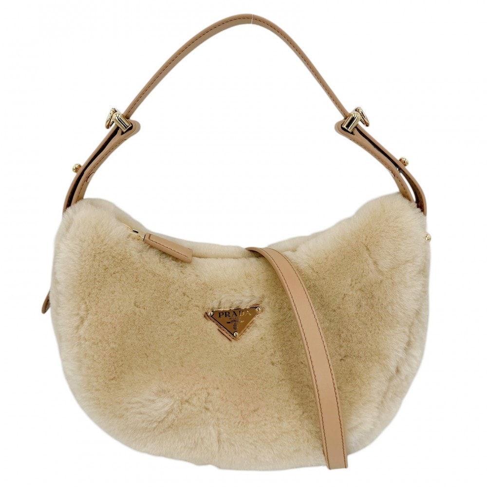 PRADA プラダ 2WAY アーケ ハンドバッグ ショルダーバッグ 肩掛け 斜め掛け 1BC194 フェイクファー  レザー   ベージュ ゴールド金具 レディース 美品【中古品】