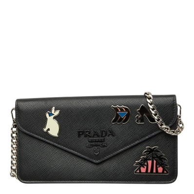 プラダ ピンバッジ チェーンウォレット ショルダーバッグ 1DH044 ブラック サフィアーノレザー レディース PRADA 中古