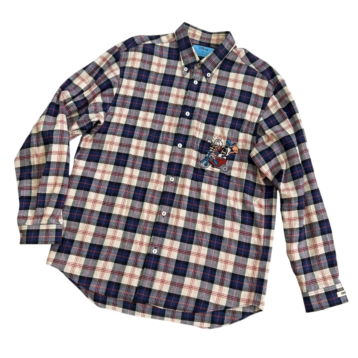 GUCCI グッチ DISNEY ディズニー ドナルドダッグ チェックシャツ 長袖シャツ 46 コットン 麻・リネン ネイビー アイボリー レッド  メンズ【中古】