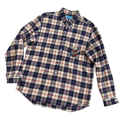 GUCCI グッチ DISNEY ディズニー ドナルドダッグ チェックシャツ 長袖シャツ 46 コットン 麻・リネン ネイビー アイボリー レッド メンズ【中古】