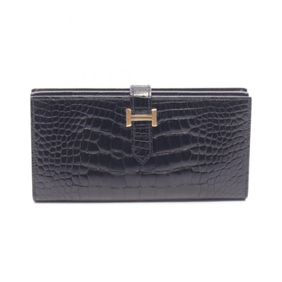 エルメス HERMES ベアンスフレ 二つ折り長財布 財布 アリゲーターリセ T刻印(2015年製造) レディース ブラック系 【中古】
