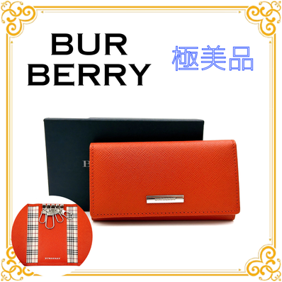■極美品■ BURBERRY バーバリー ノバチェック キーケース キーホルダー オレンジ シルバー金具 キーリング 鍵入れ レザー レディース