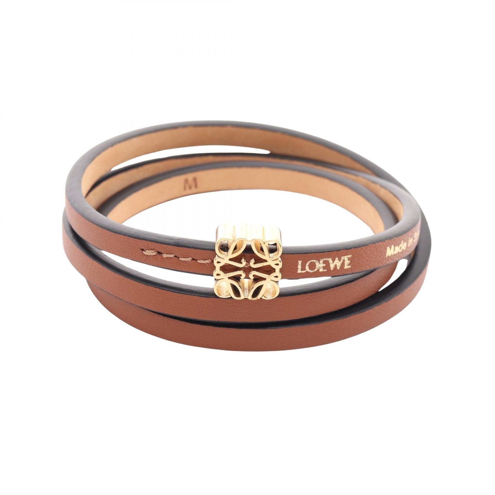 ロエベ LOEWE アナグラム ツイスト バングル アクセサリー レザー GP(ゴールドメッキ) レディース ブラウン系 【中古】