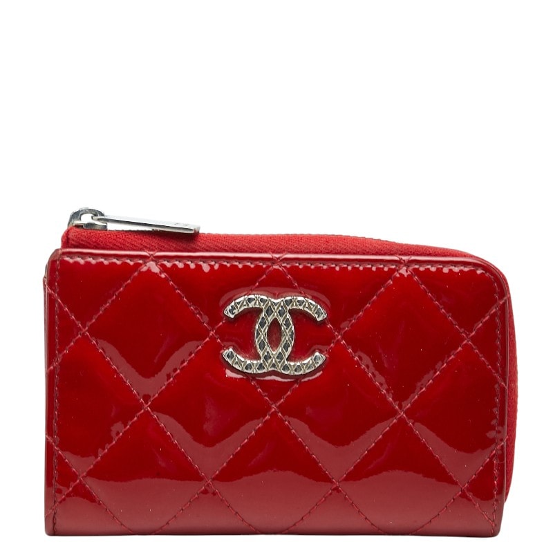 シャネル ココマーク マトラッセ L字ファスナー コインケース 小銭入れ レッド パテントレザー レディース CHANEL 【中古】