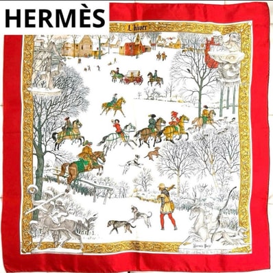 【クリーニング済】エルメス カレ90 L’HIVER 冬の狩猟 馬 シルクスカーフ赤 ヴィンテージ HERMES スカーフ 大判 ブランド ヴィンテージ