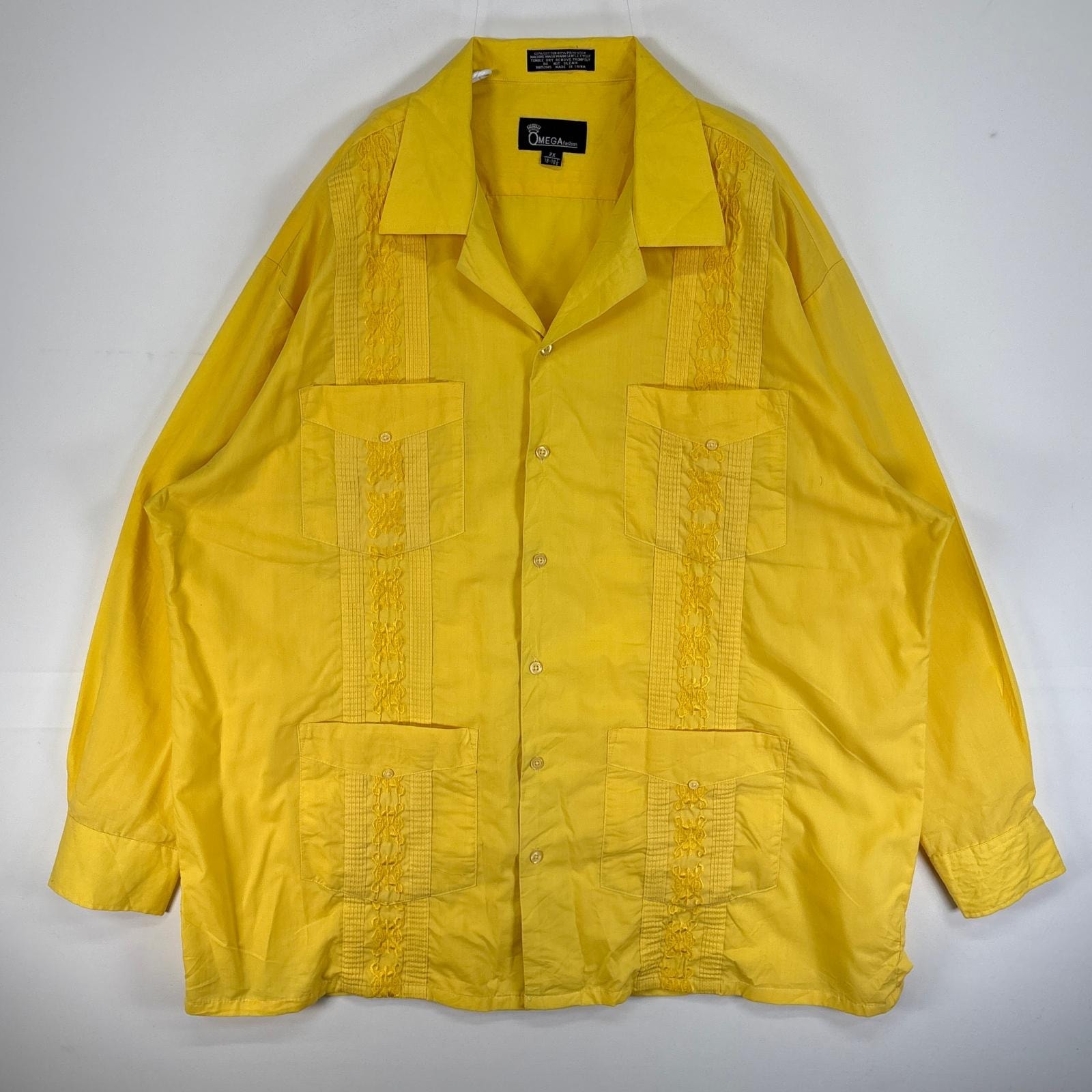 古着 90's/90年代 オメガ OMEGA 長袖シャツ キューバ 4つポケ 刺繍デザイン 大きいサイズ オープンカラー 2XL  イエロー 総柄 メンズ