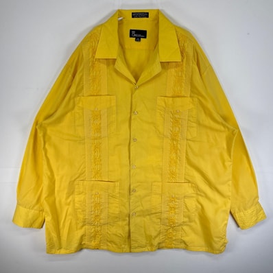 古着 90's/90年代 オメガ OMEGA 長袖シャツ キューバ 4つポケ 刺繍デザイン 大きいサイズ オープンカラー 2XL イエロー 総柄 メンズ