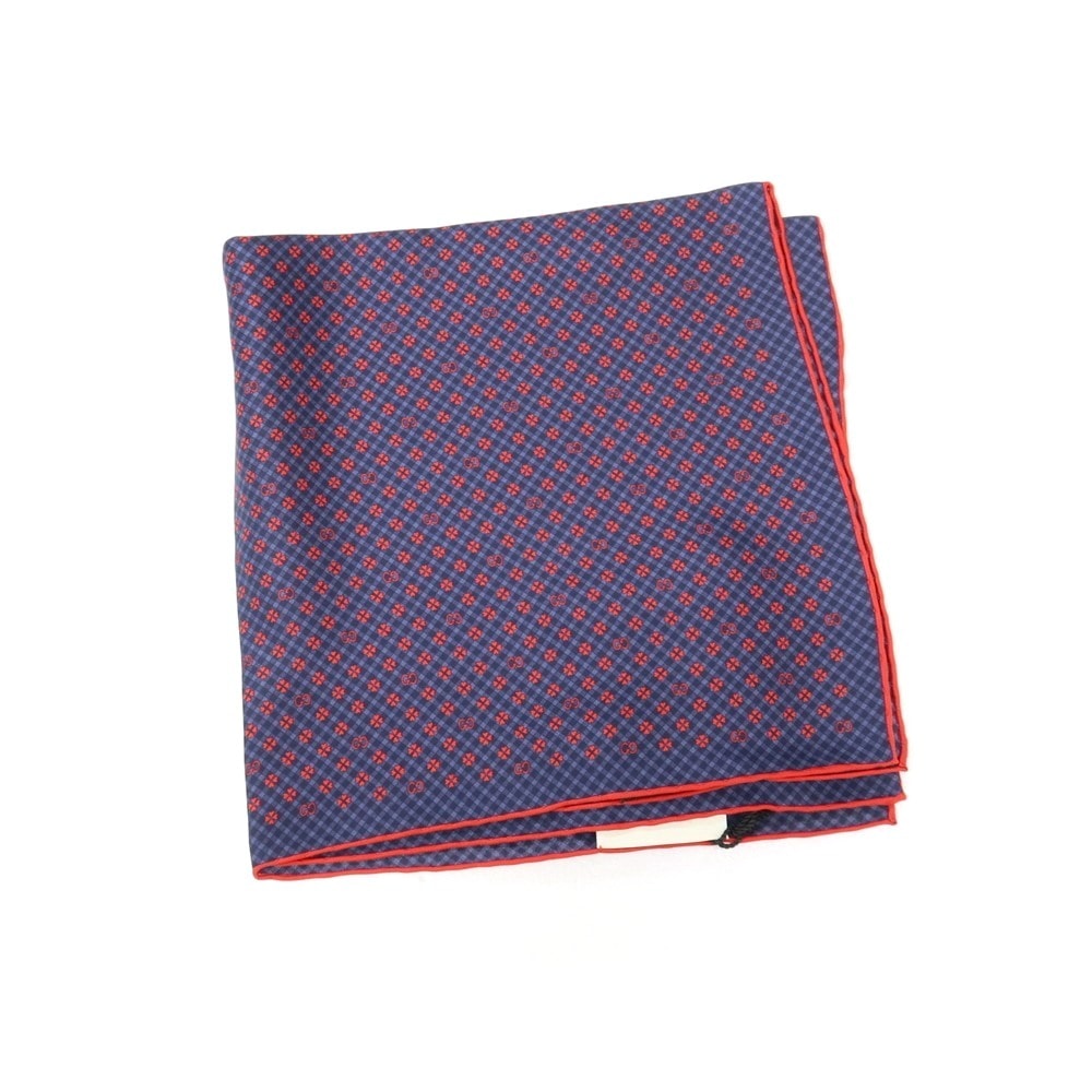【中古】グッチ GUCCI シルク GGロゴ×クローバー×チェック プリント ポケットチーフ ネイビーxレッド【メンズ】