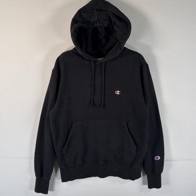 古着 チャンピオン Champion パーカー プルオーバー ワンポイントロゴ刺繍 フーディ マフポケット フード紐 SMALL ブラック レディース