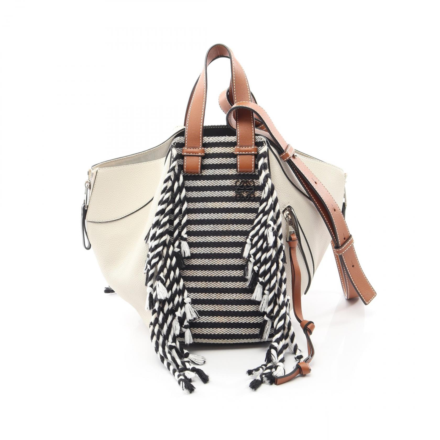 ロエベ LOEWE HAMMOCK SMALL ハンモック スモール フリンジ ボーダー 2WAY ハンドバッグ バッグ レザー キャンバス レディース ホワイト系 / ブラック系 / ブラウン系 【中古】