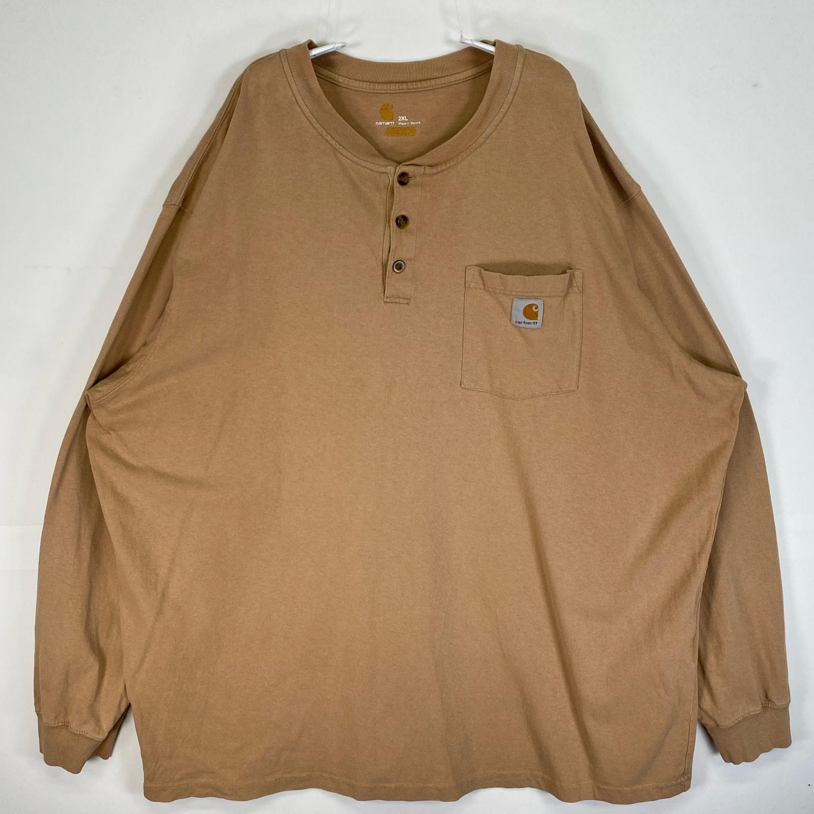 古着 カーハート Carhartt 長袖Tシャツ ワンポイント ロゴ 肉厚 大きいサイズ ヘンリーネック 2XL  ベージュ系 無地 メンズ
