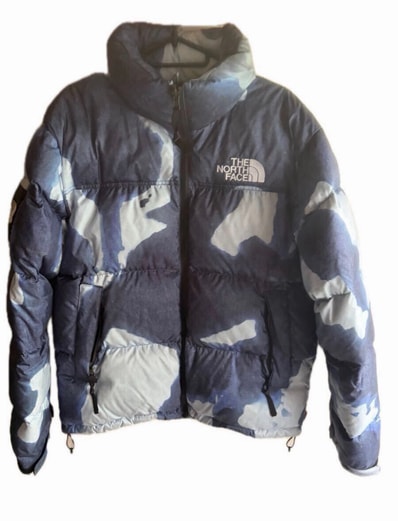 Supreme x The North Face Bleached Denim Print Nuptse Jacket "Indigo"