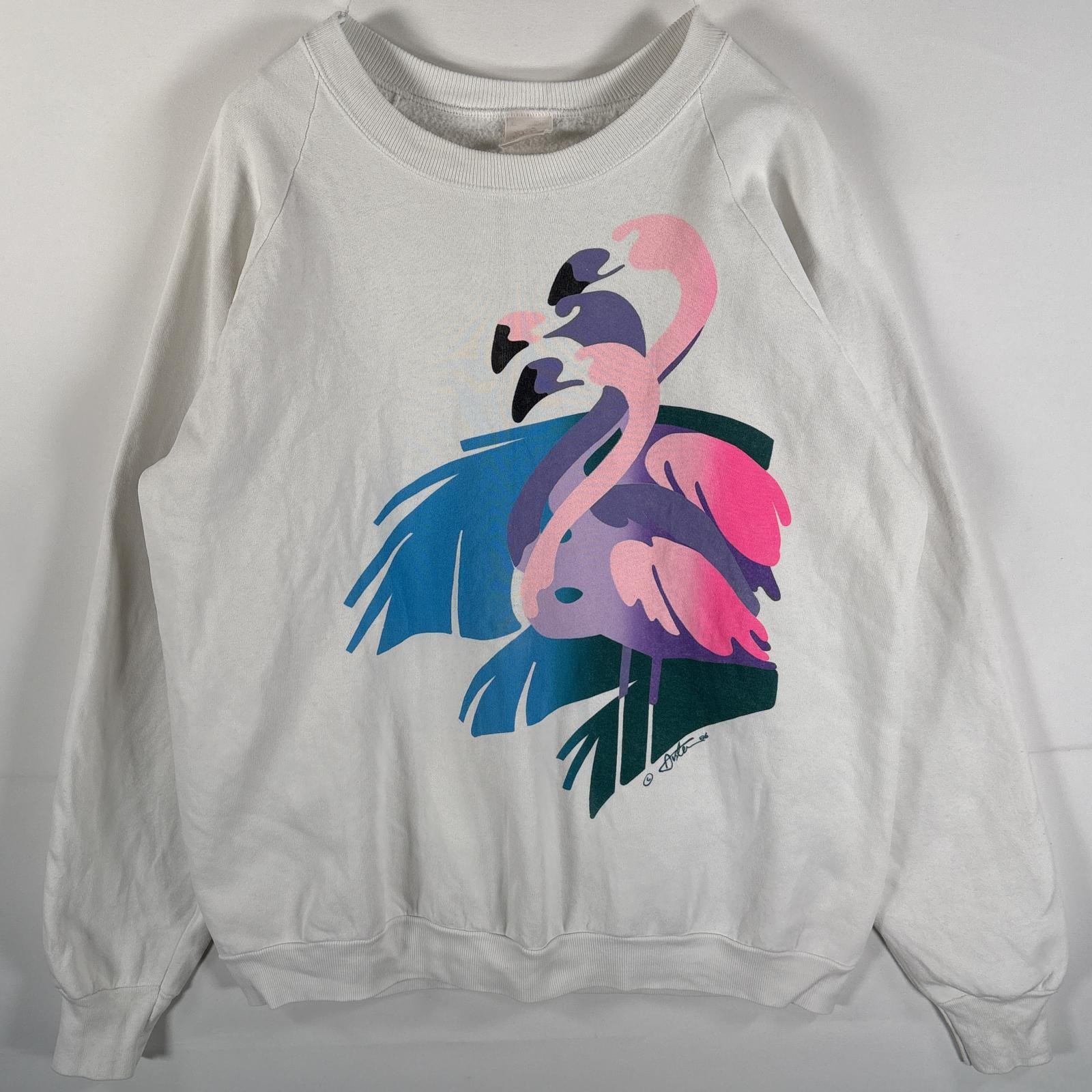 古着 80's/80年代 フルーツオブザルーム FRUIT OF THE LOOM スウェット クルーネック コピーライト フラミンゴ 大きいサイズ XL  ホワイト メンズ