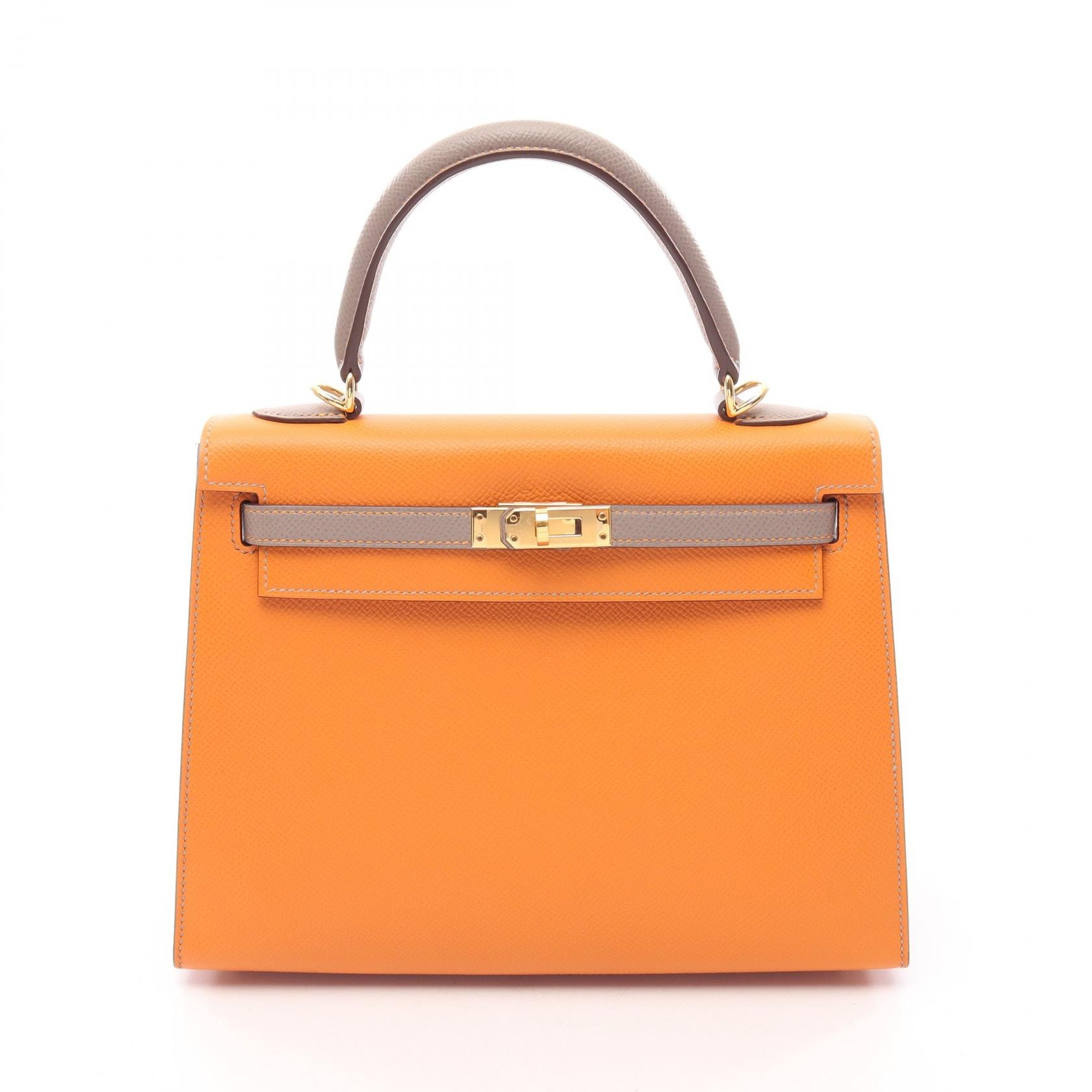 エルメス HERMES ケリー25 外縫い 2WAY ハンドバッグ バッグ レザー ヴォーエプソン ヴォーエプソン ジョーヌドール Z刻印(2021年製造) レディース オレンジ系 / ベージュ系 / グリアスファルト 【中古】