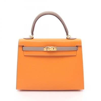 エルメス HERMES ケリー25 外縫い 2WAY ハンドバッグ バッグ レザー ヴォーエプソン ヴォーエプソン ジョーヌドール Z刻印(2021年製造) レディース オレンジ系 / ベージュ系 / グリアスファルト 【中古】