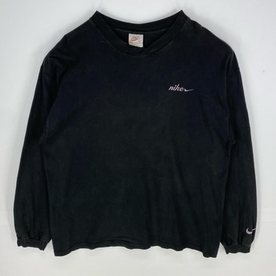 古着 90's/90年代 ナイキ NIKE USA製 半袖Tシャツ Vネック ワンポイントロゴ スウォッシュ ロンT 刺繍 XL ブラック系 メンズ