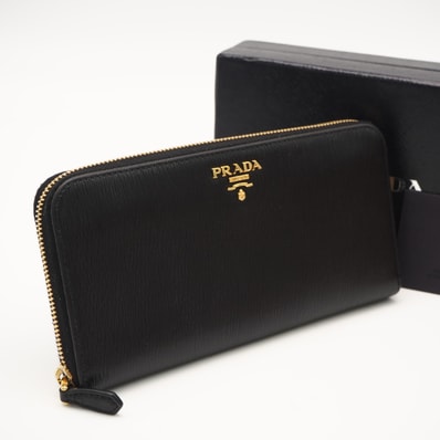 美品 PRADA プラダ サフィアーノメタル ラウンドファスナー長財布 1ML506 長財布 ブラック レディース