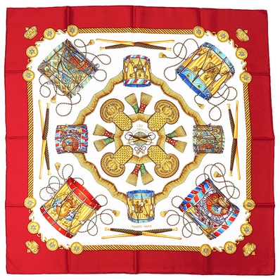SALE【極美品】HERMES エルメス カレ90 メンズ レディース ユニセックス LES TAMBOURS レ・タンブール 太鼓 シルク100% スカーフ 小物 マルチカラー フランス製