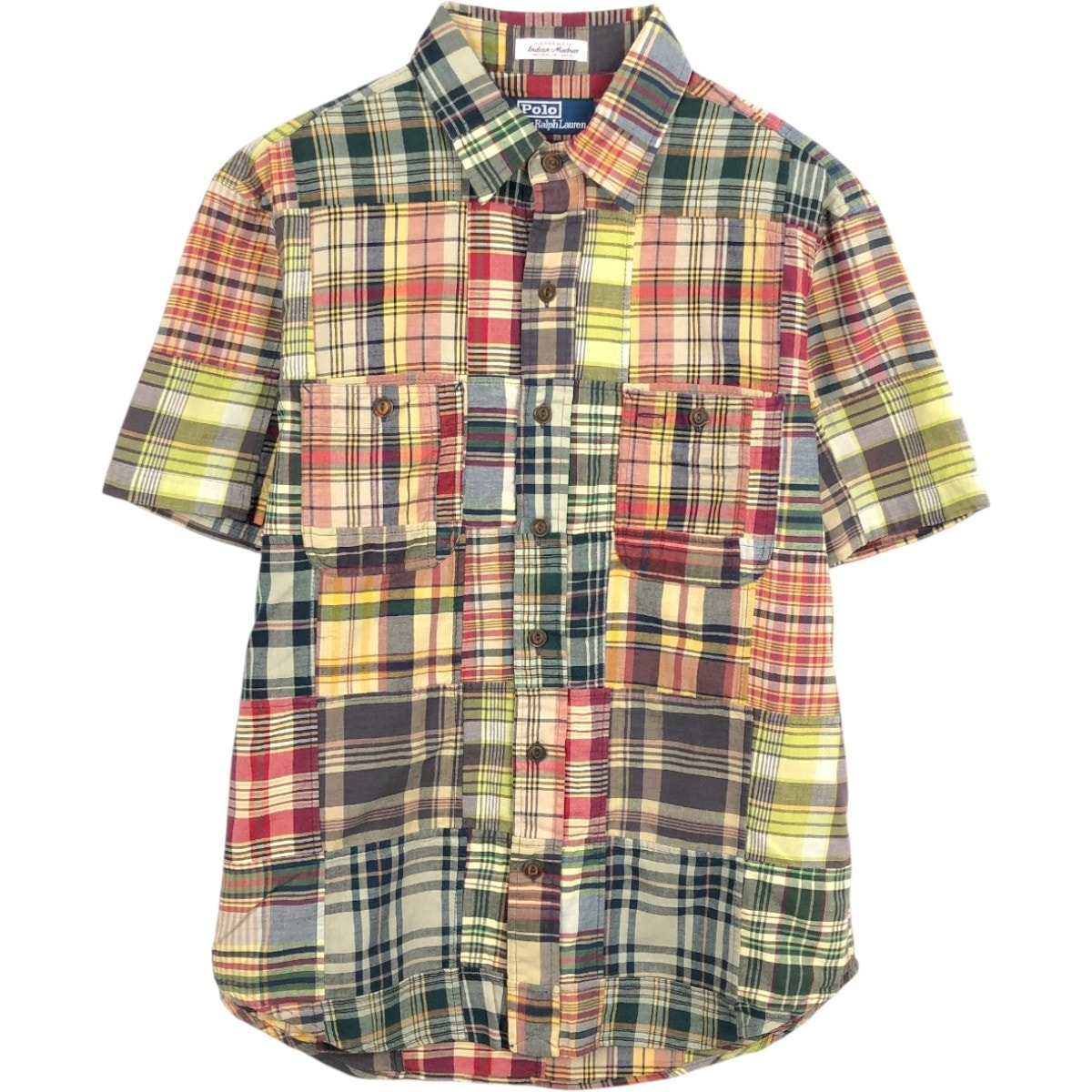 古着 ラルフローレン Ralph Lauren POLO by Ralph Lauren CLASSIC FIT INDIGO パッチワーク 半袖 チェックシャツ メンズM相当/eaa668622