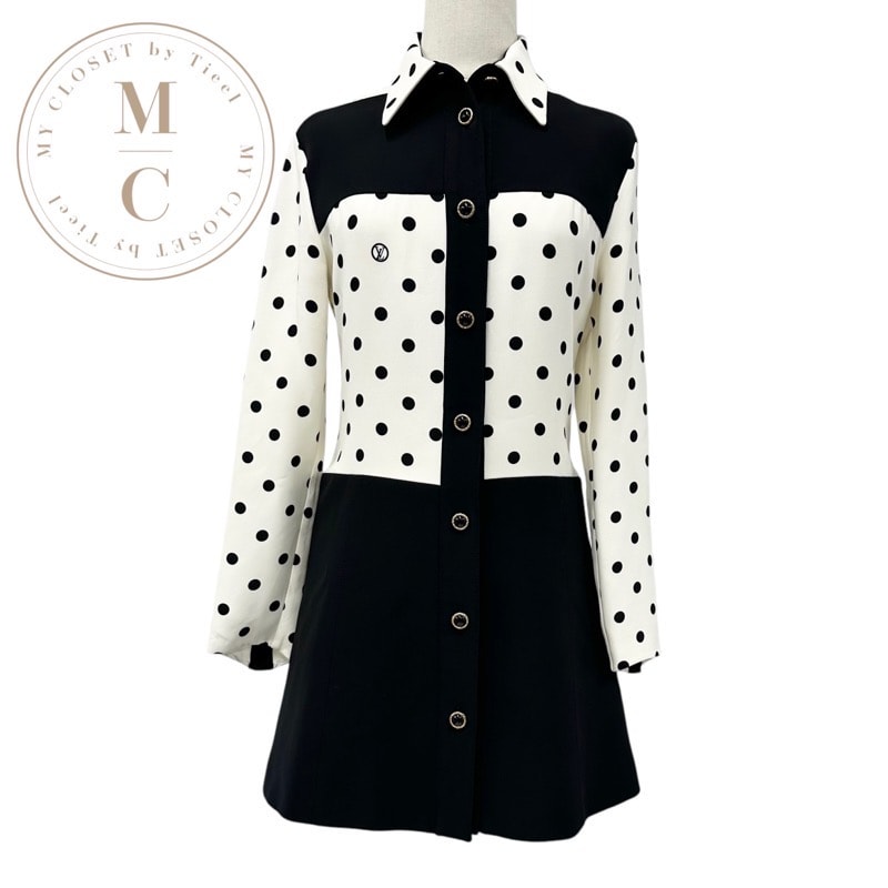 ルイヴィトン LOUIS VUITTON ワンピース シルク ブラック ホワイト ドレス ロゴ ドット柄 襟付き