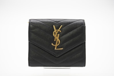 美品 YVES SAINT LAURENT イヴ・サンローラン レザー コンパクト スリーフォールド ウォレット 403943 三つ折り財布 ブラック カーフレザー レディース