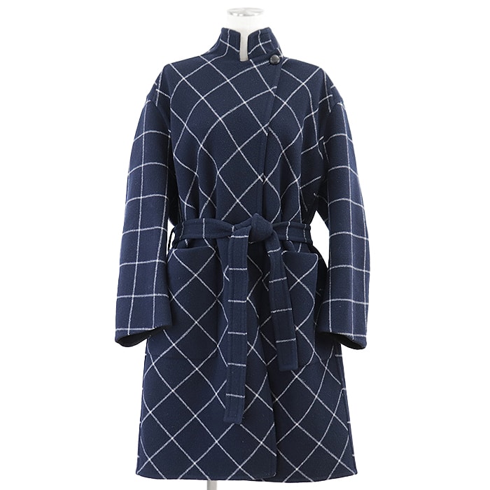 ルイ・ヴィトン リバーシブル ウールメルトン ウィンドウペン/無地 スタンドカラー ベルテッド コート レディース ネイビー ホワイト ブラック 40 LOUIS VUITTON