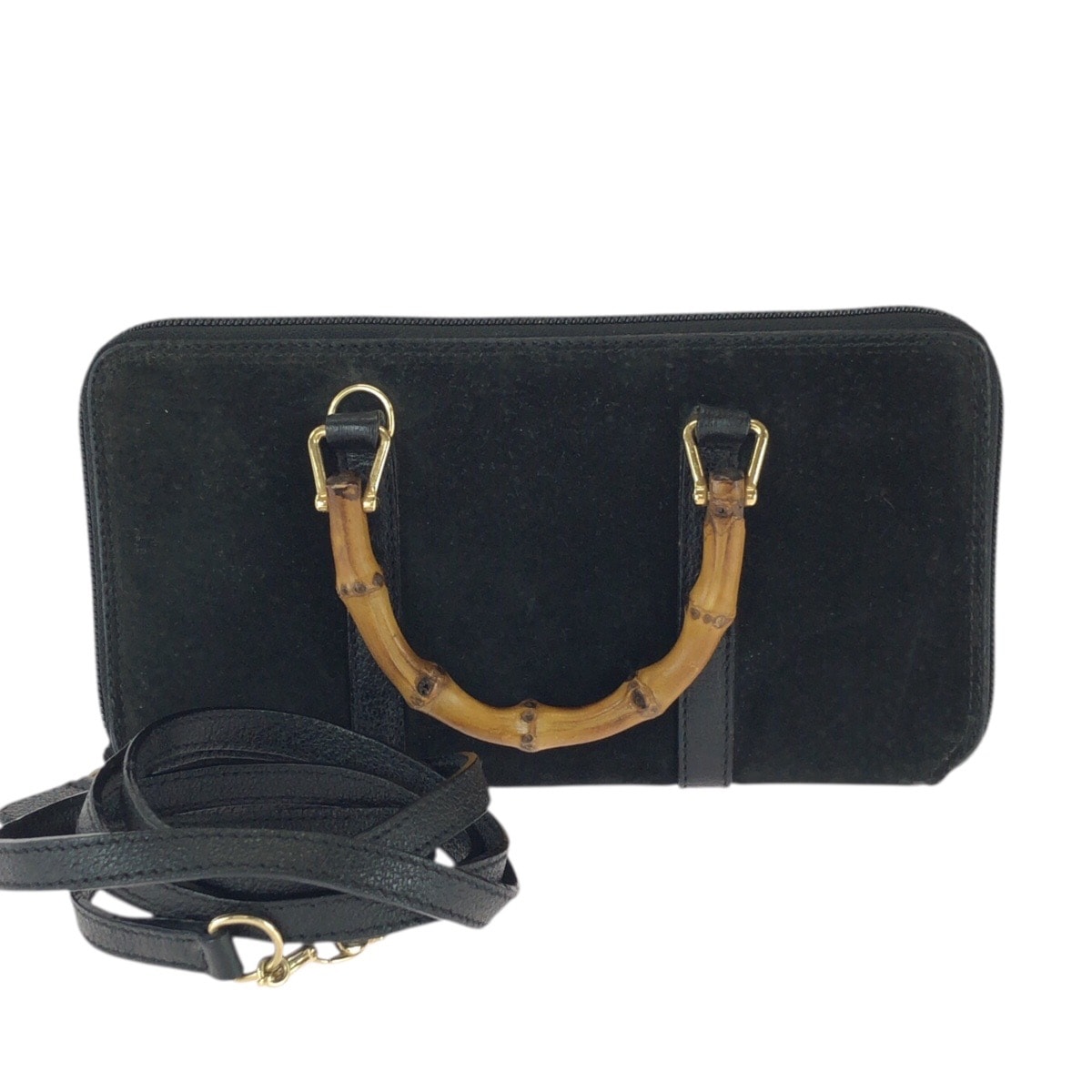 GUCCI グッチ ヴィンテージ バンブー 2way ブラック 黒 ゴールド金具 スウェード レザー/ 長財布 ショルダーウォレット 603984 【中古】