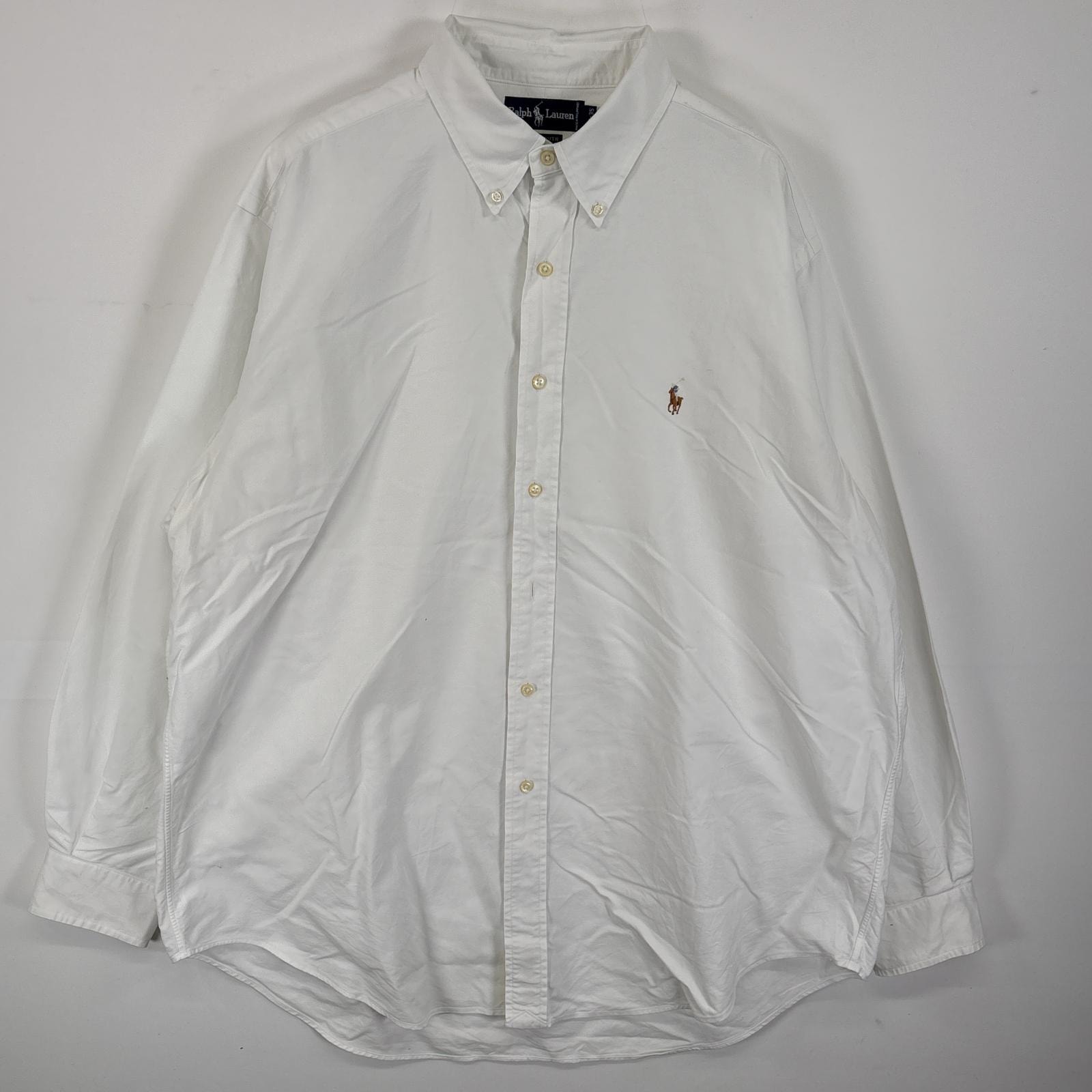 古着 ラルフローレン RALPH LAUREN 長袖シャツ ボタンダウンシャツ ワンポイント ロゴ 刺繍 大きいサイズ 17-35 XL  ホワイト 無地 メンズ