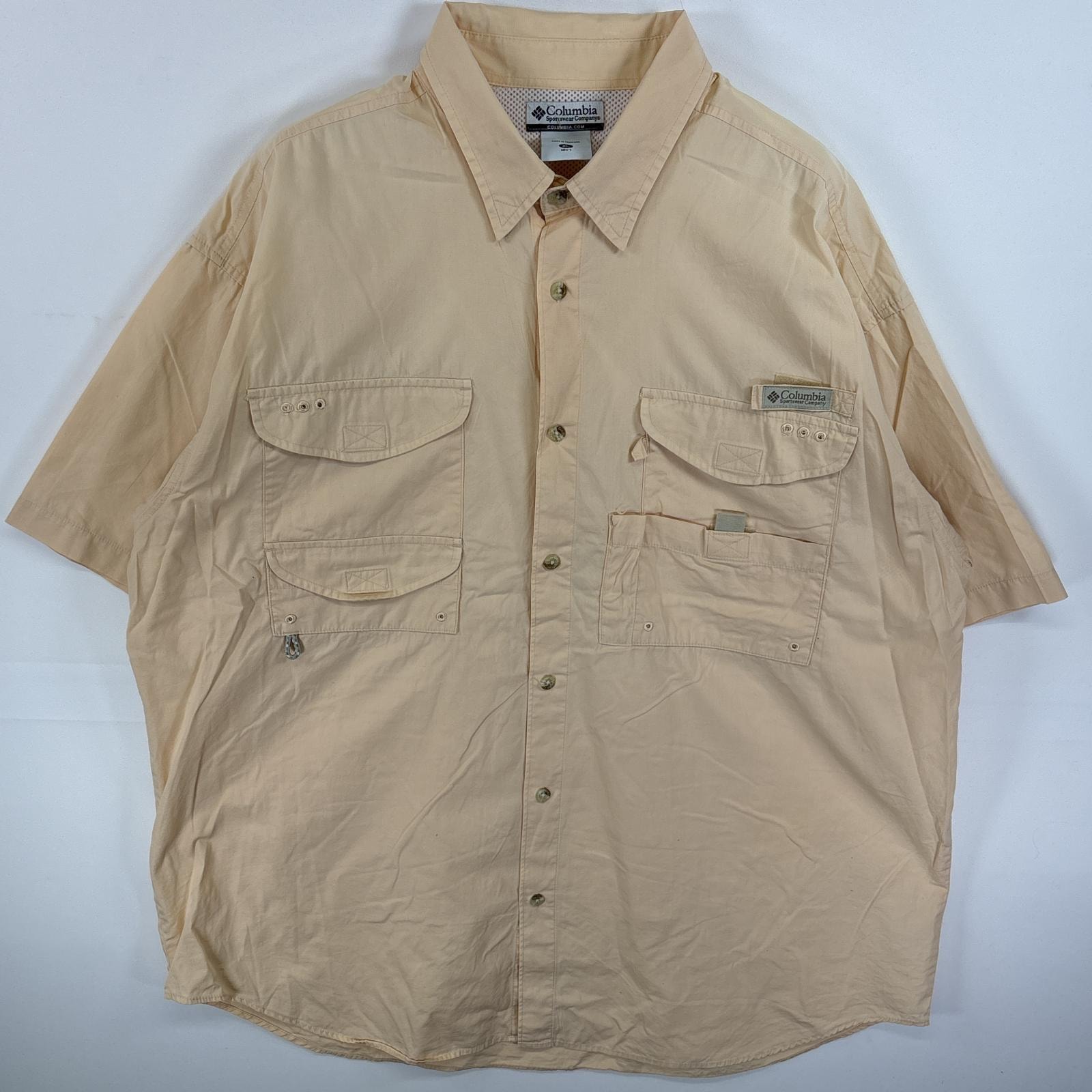 古着 コロンビア Columbia 半袖シャツ フラップポケ PFG ワンポイント ロゴ XL  イエロー 無地 メンズ