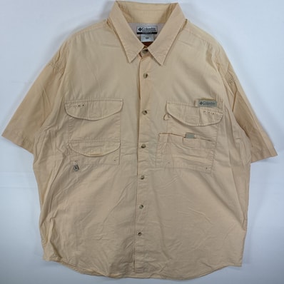 古着 コロンビア Columbia 半袖シャツ フラップポケ PFG ワンポイント ロゴ XL イエロー 無地 メンズ