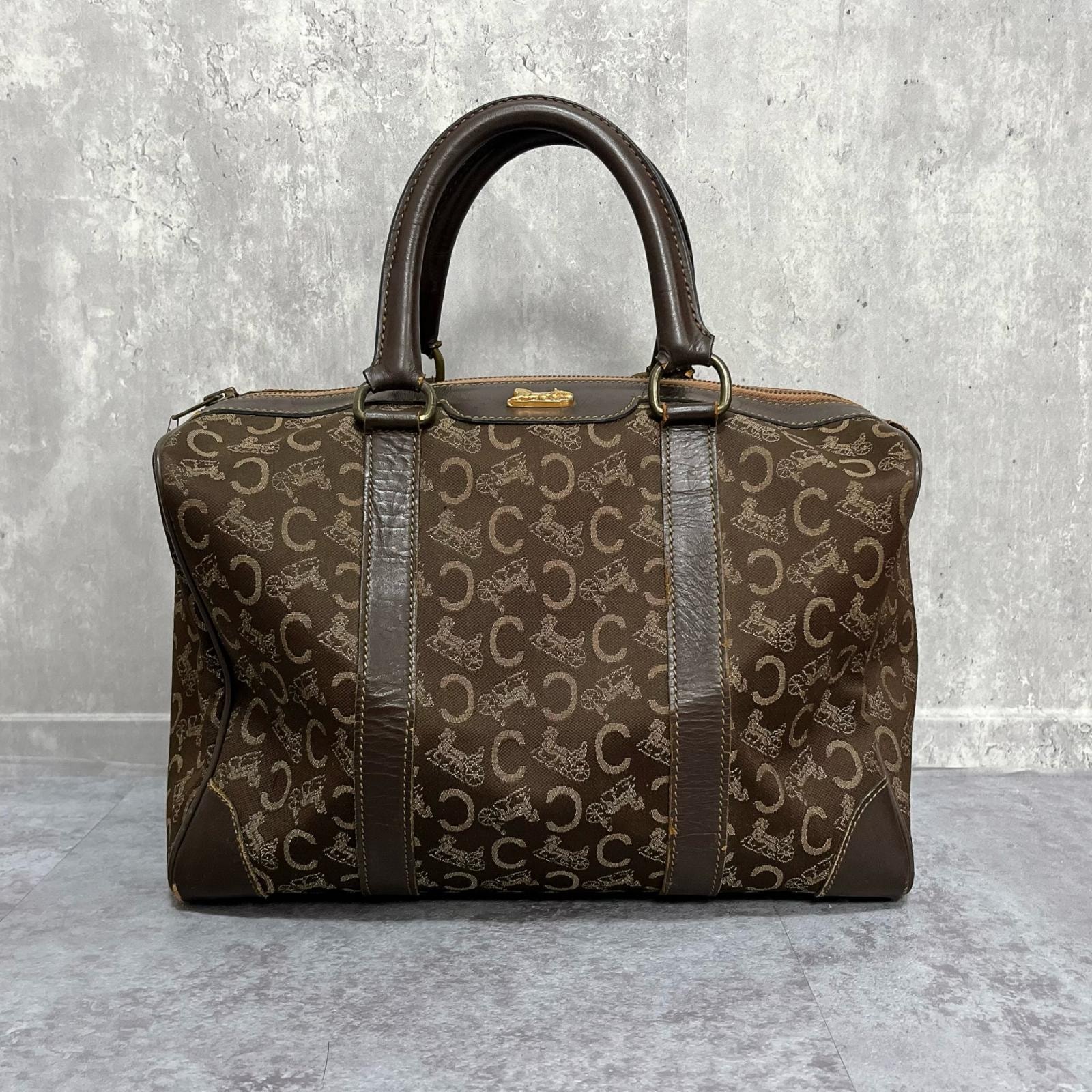 【CELINE】セリーヌ Cマカダム ミニボストン ハンドバッグ キャンバス レザー Cロゴ ダブルハンドル ブラウン ヴィンテージ レディース