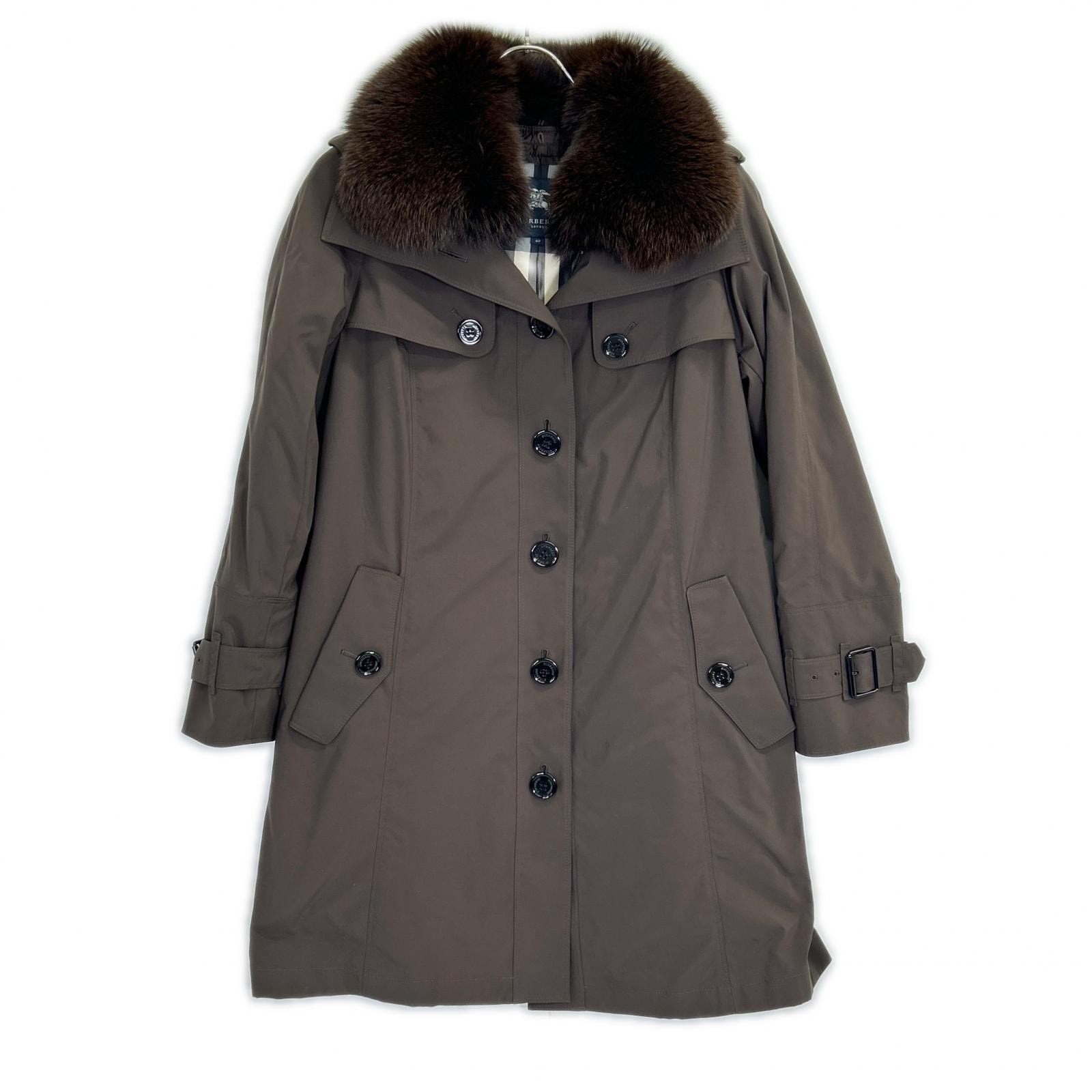 バーバリーロンドン B1A23-661-58 ブラウン ナイロン ダウンライナー フォックスファーダウンコート 40