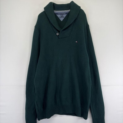 古着 トミーヒルフィガー TOMMY HILFIGER ニット プルオーバー 刺繍 ショールカラー ワンポイントロゴ セーター 2XL グリーン メンズ