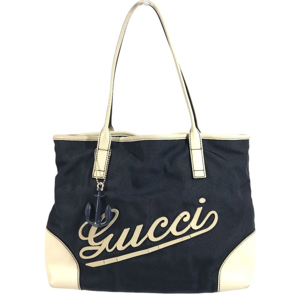グッチ GUCCI ロゴ 170007 レザー ナイロン チャーム付き ショルダーバッグ レザー/キャンバス ネイビー