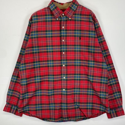 古着 90's/90年代 ラルフローレン RALPH LAUREN 長袖シャツ ボタンダウン ロゴ刺繍 ワンポイント XL レッド系 チェック メンズ