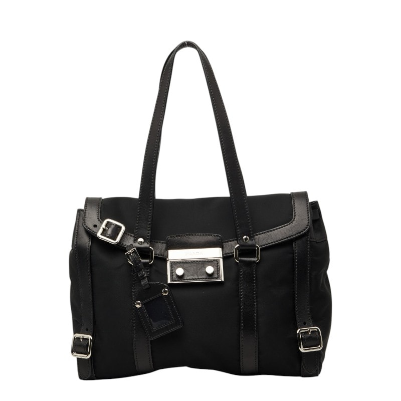 プラダ 三角ロゴプレート フラップ ショルダーバッグ ブラック ナイロン レザー レディース PRADA 【中古】