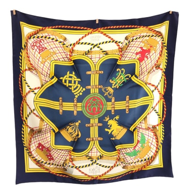 美品 HERMES エルメス GRANDE TENUE カレ90 ネイビー イエロー マルチカラー シルク スカーフ 602389 【中古】