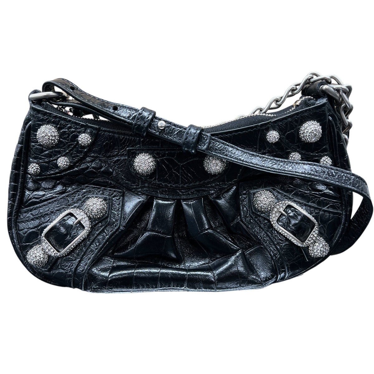 BALENCIAGA 展示品級 バレンシアガ Le Cagole MINI BB ル カゴール ミニ BB 2way ショルダーバッグ 695814 レザー ラインストーン ブラック シルバー金具 クロスボディ ポシェット チェーン SAランク 中古 鑑定済