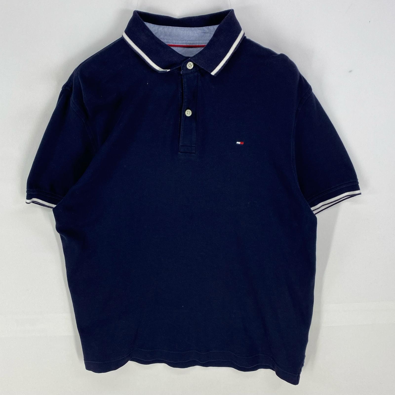 古着 トミーヒルフィガー TOMMY HILFIGER 半袖シャツ ワンポイント リブライン ポロシャツ M ネイビー系 メンズ