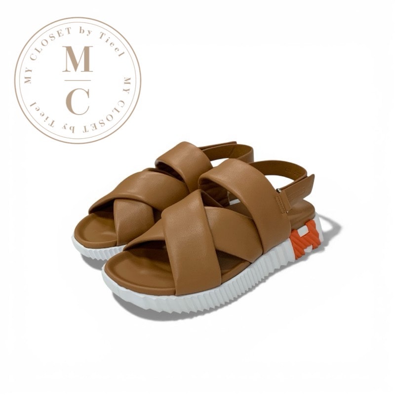 エルメス HERMES エレクトリック サンダル 靴 シューズ レザー ブラウン ストラップ フラット