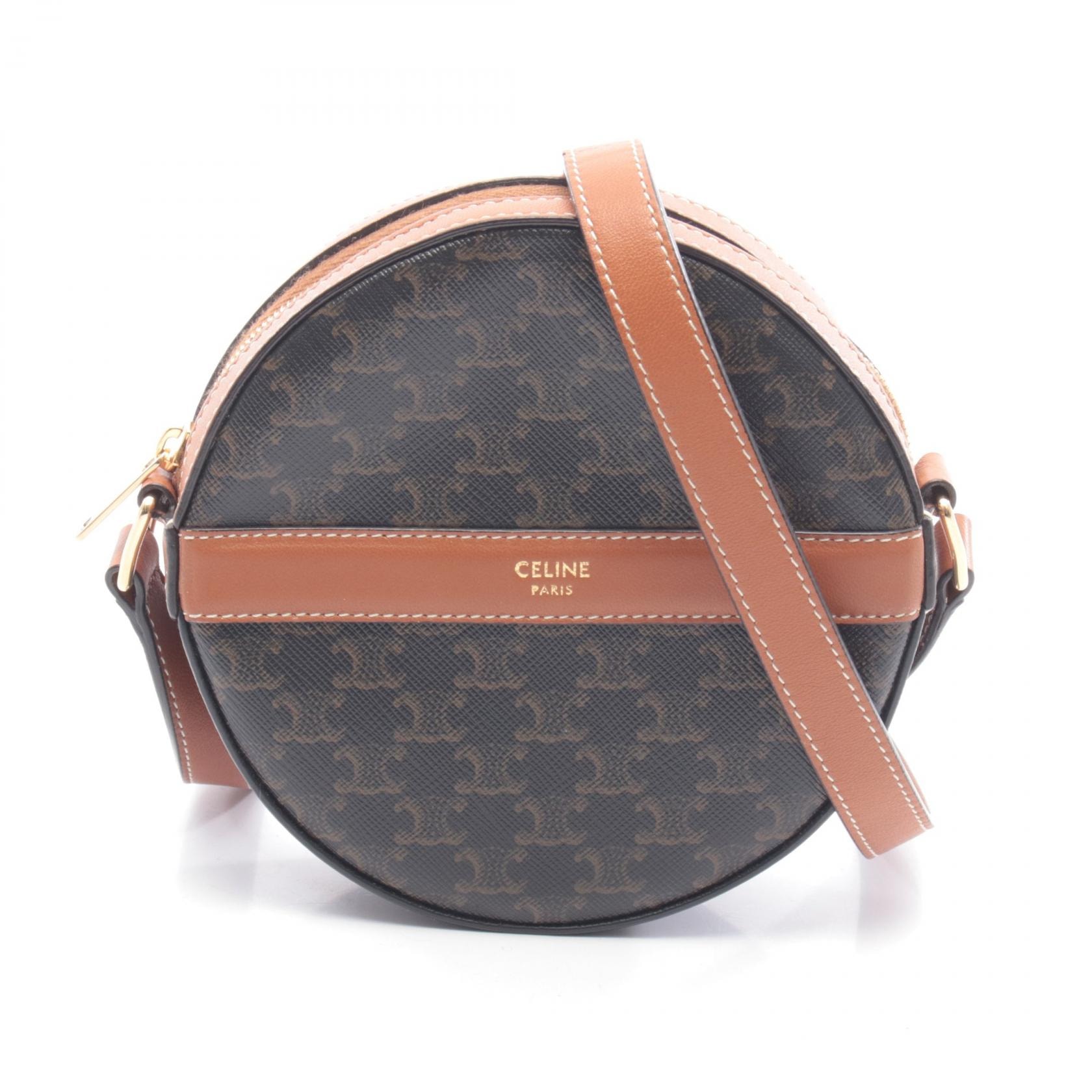 セリーヌ CELINE ラウンドパース トリオンフ ショルダーバッグ バッグ PVCコーティングキャンバス レザー レディース ブラック系 / ブラウン系 10G342 【中古】