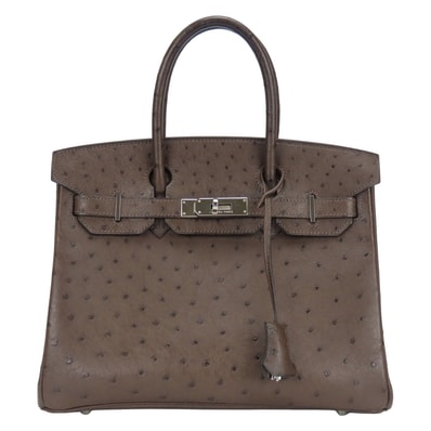 【中古】 エルメス ハンドバッグ バーキン30 オーストリッチ ダークブラウン シルバー金具 レインカバーNo3 レディース 女性 HERMES