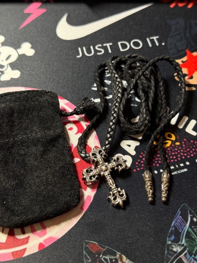 Chrome Hearts Philigrey Cross XS Leather Blade Necklace "Silver/Black"