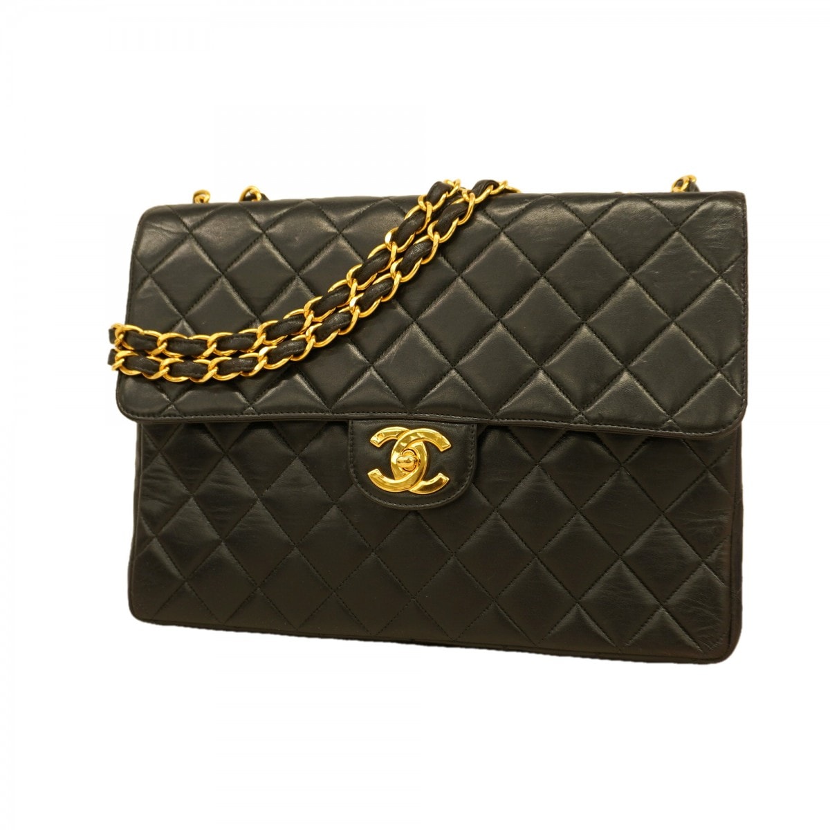 【6dc2841】シャネル ショルダーバッグ デカマトラッセ Wチェーン ラムスキン ブラック ゴールド金具【中古】レディース