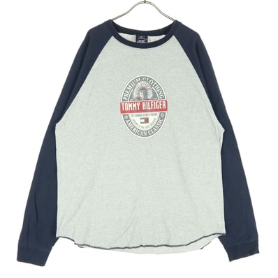 TOMMY HILFIGER トミーヒルフィガー 90s 00s オールド プリント 長袖 Tシャツ L ライトグレー ロンT