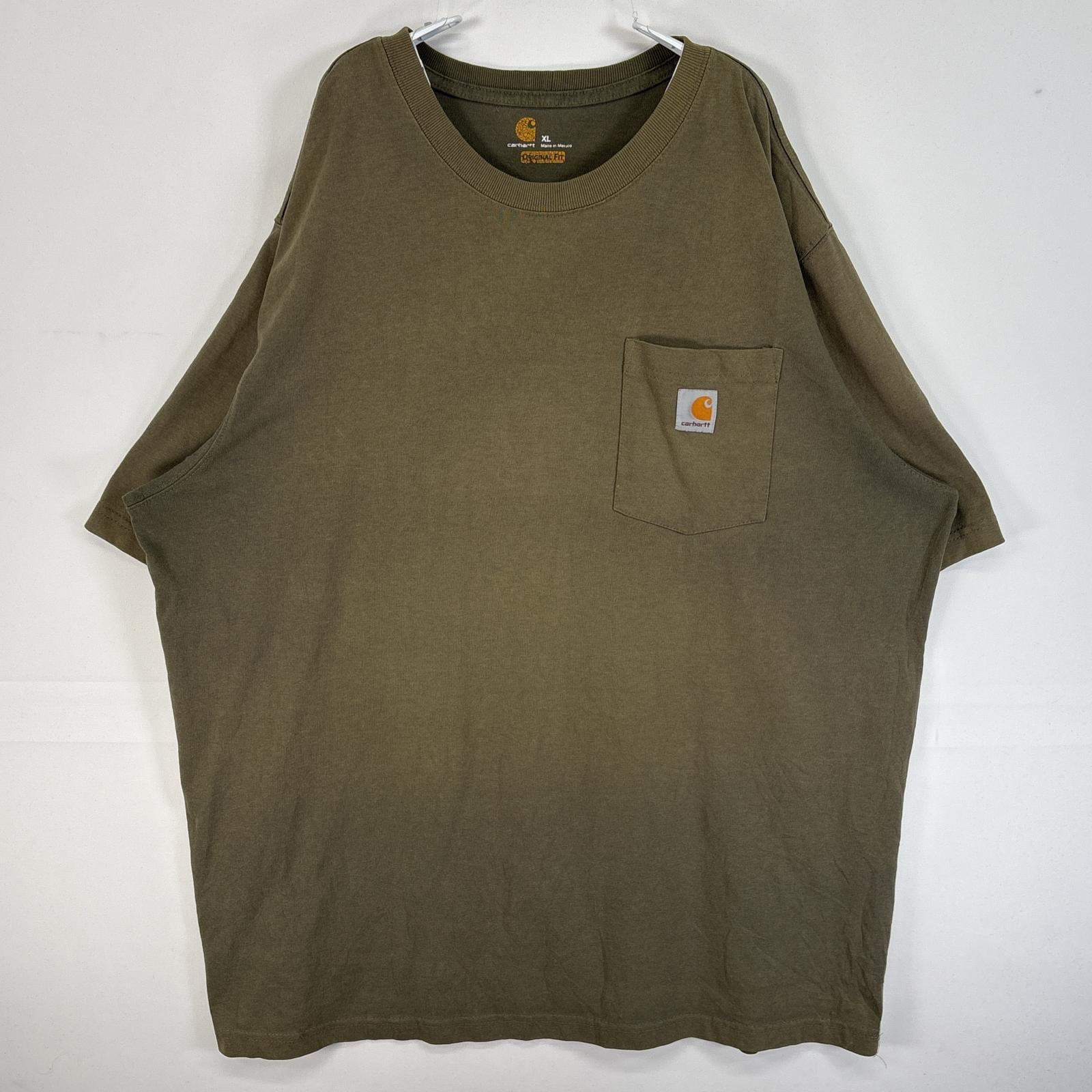 古着 カーハート Carhartt 半袖Tシャツ 大きいサイズ 肉厚 フェード ワンポイント ロゴ 胸ポケ XL  カーキ 無地 メンズ