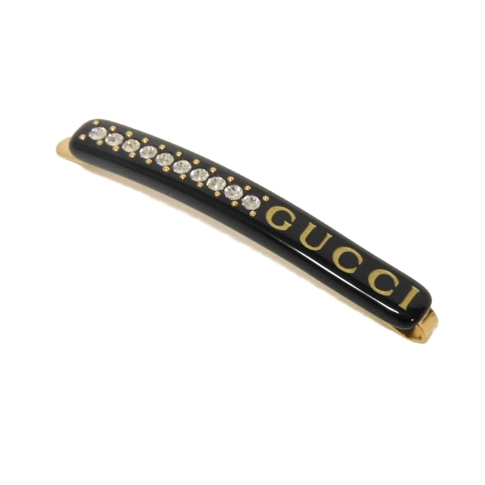 GUCCI グッチ ロゴ クリスタル ヘアクリップ ゴールド クリア ラインストーン ヘアスライド ヘアピン 美品 レジン ブラック バレッタ 753873 I9875 8521