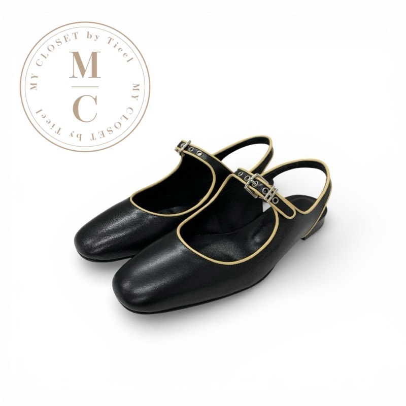 エルメス HERMES クレオ フラットシューズ 靴 シューズ レザー ブラック シルバー スリングバック ストラップ バレエシューズ