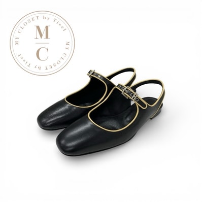 エルメス HERMES クレオ フラットシューズ 靴 シューズ レザー ブラック シルバー スリングバック ストラップ バレエシューズ